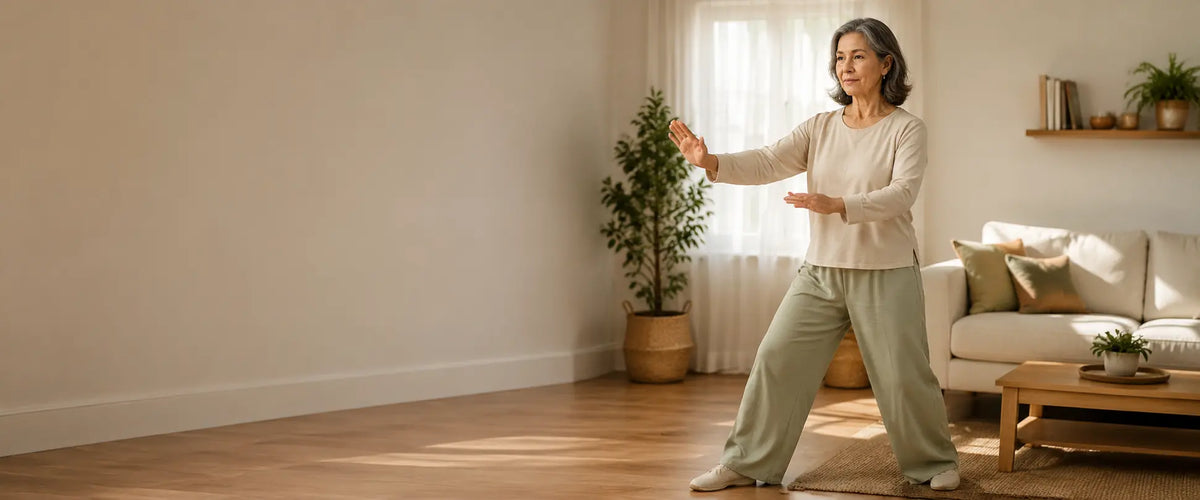 Mujer haciendo Caminata Tai Chi en la sala de su casa